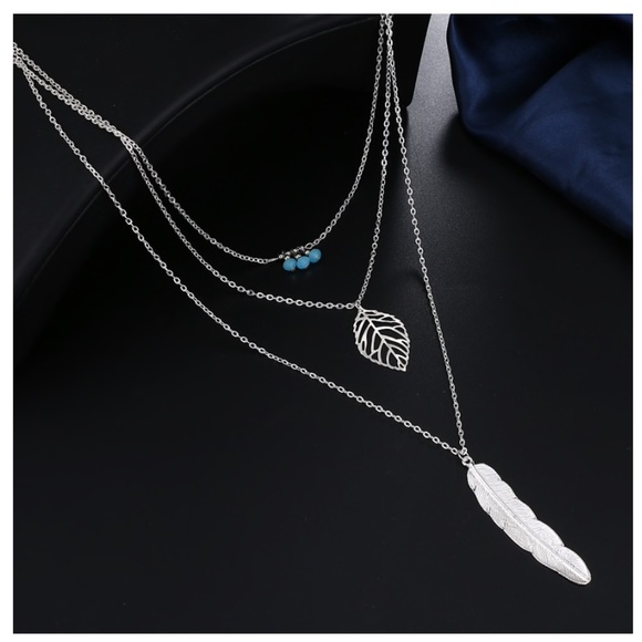 3/$30 Silver 3 Layered Necklace Leaf Feather Boho - Picture 2 of 4